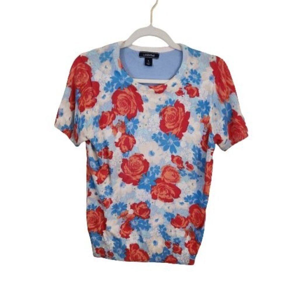 Lands End Stunning Rose Print Cotton Sweater Size S